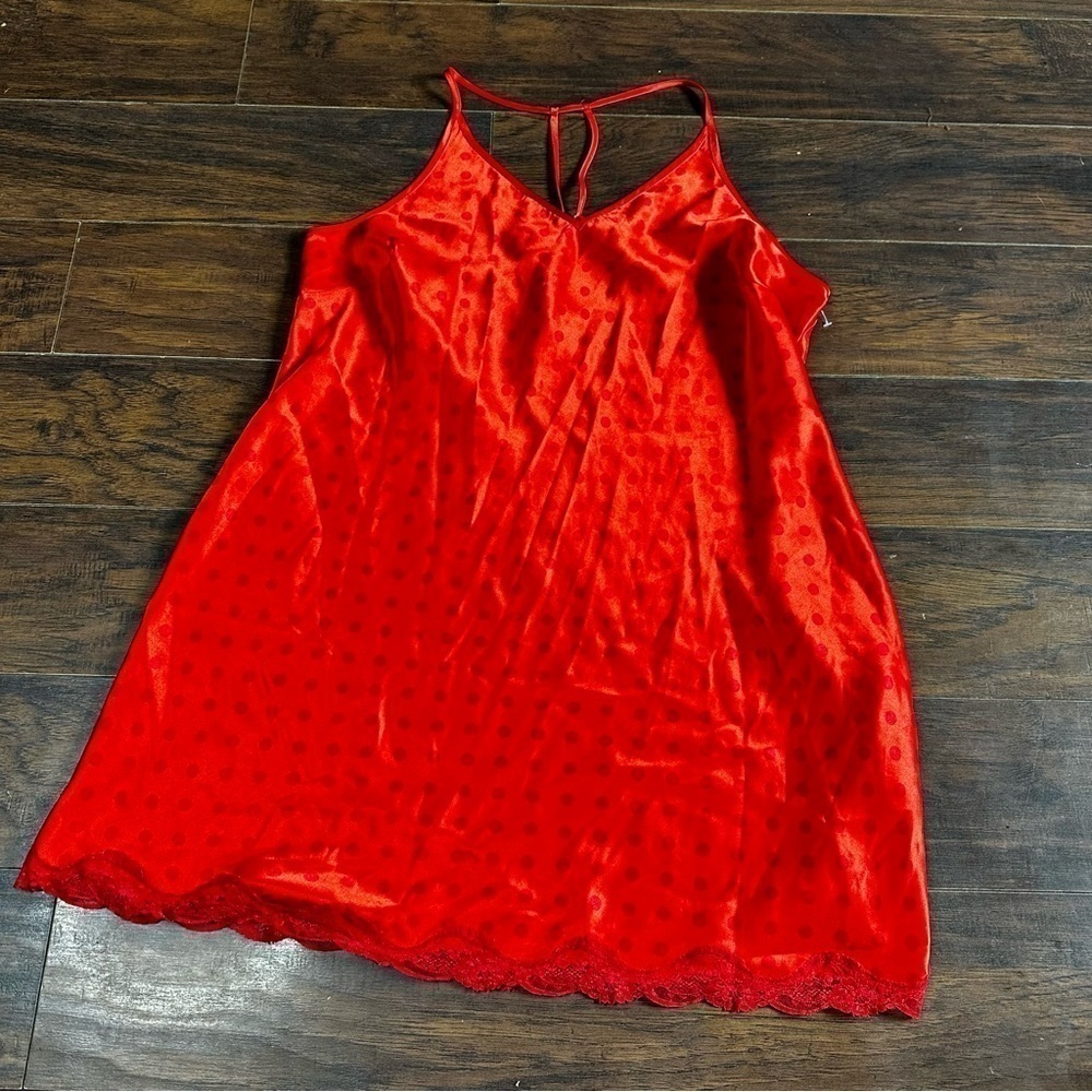 Cacique Red Satin Polkadot Lace Trim Night Dress